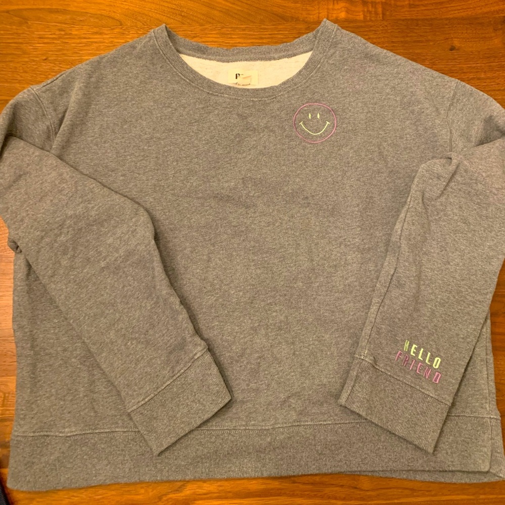 P A C T Organic Embroidered Slouchy Sweatshirt in Smiley face Embroidered